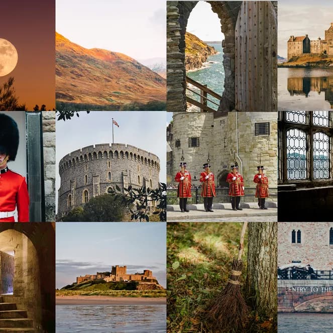 Collage of British castles, a guard in red uniform, a full moon over hills, and scenic landscapes featuring historic stone architecture.