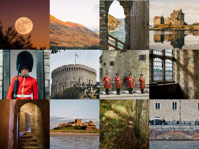 Collage of British castles, a guard in red uniform, a full moon over hills, and scenic landscapes featuring historic stone architecture.