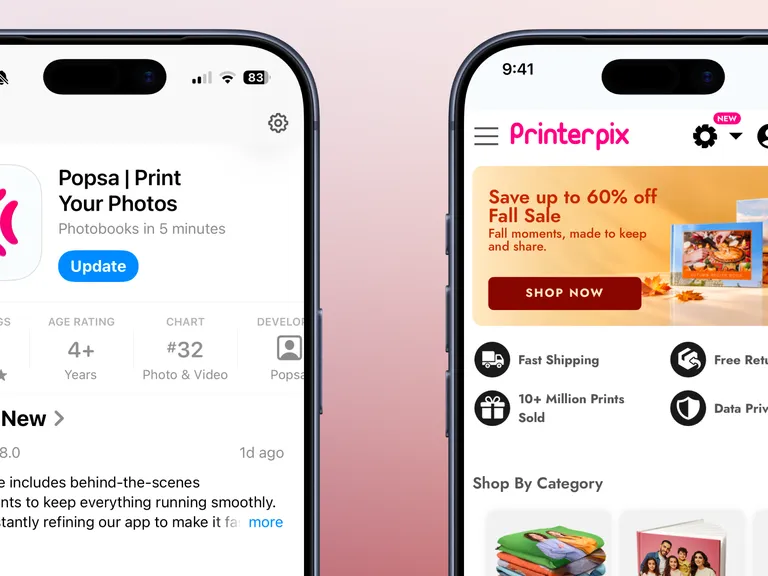 Two smartphones displaying photo printing apps. The left shows the Popsa app store page, the right shows the Printerpix homepage with a fall sale.