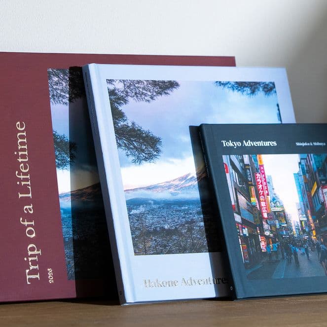 A collection of personalised travel photo books of a trip to Japan