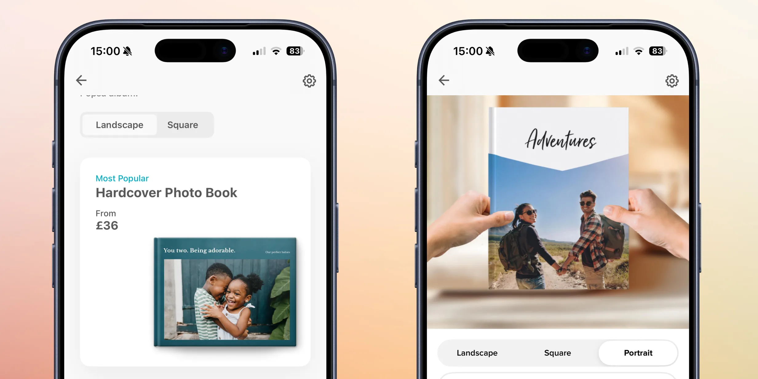 Two smartphone screens showing a photo book app with options for hardcover books featuring couple and friends' travel photos.