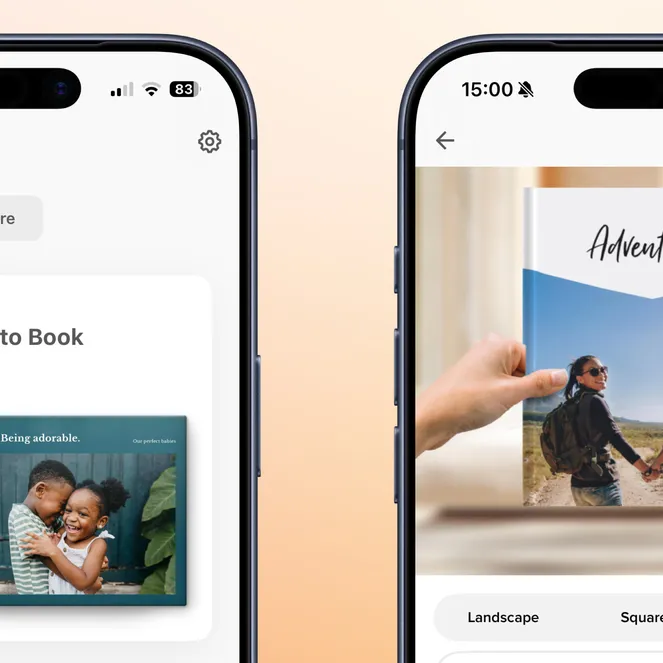 Two smartphone screens showing a photo book app with options for hardcover books featuring couple and friends' travel photos.