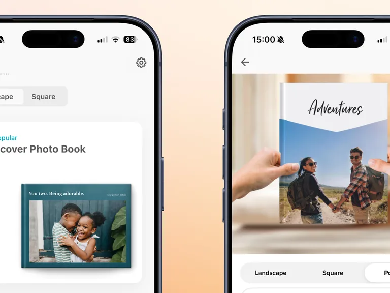 Two smartphone screens showing a photo book app with options for hardcover books featuring couple and friends' travel photos.