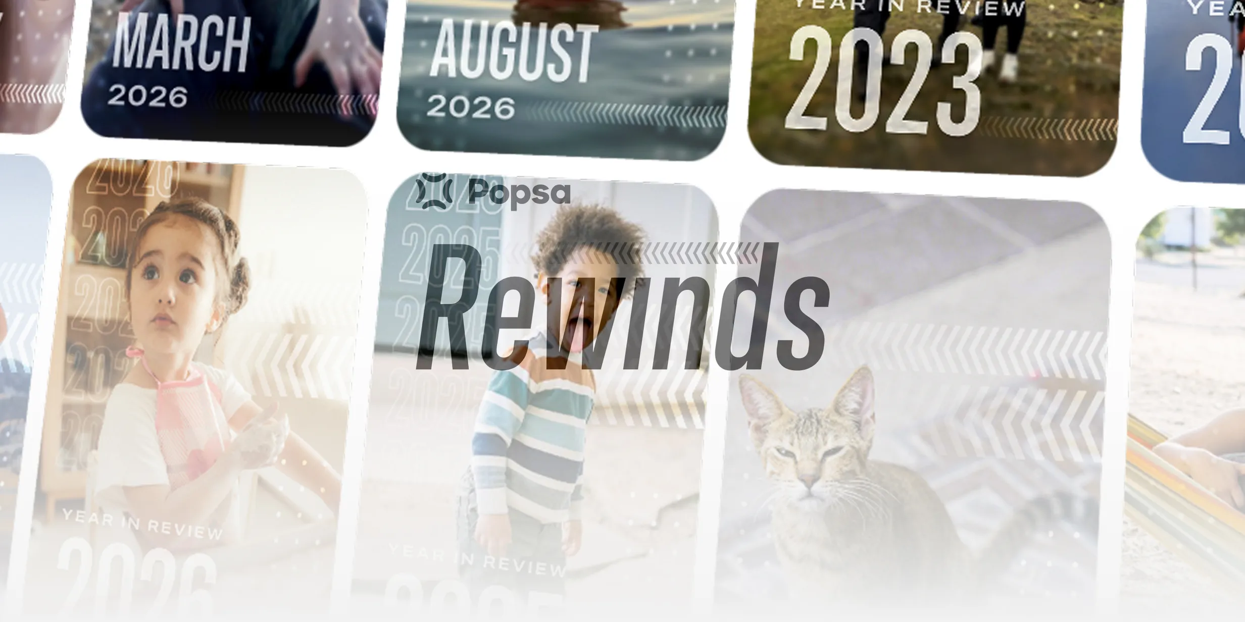 Collage of future dates and images, including a cat and children, with the word "Rewinds" overlaid prominently.