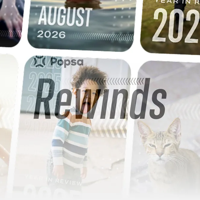 Collage of future dates and images, including a cat and children, with the word "Rewinds" overlaid prominently.
