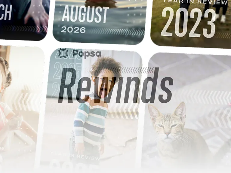 Collage of future dates and images, including a cat and children, with the word "Rewinds" overlaid prominently.