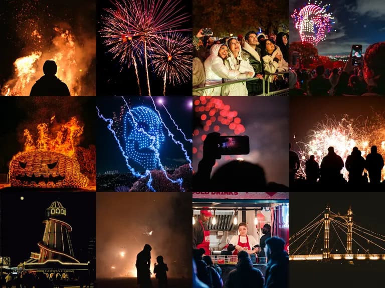 Collage of fireworks, people enjoying the spectacle, a bonfire, and a food stall at a night festival, showcasing vibrant colors and excitement.