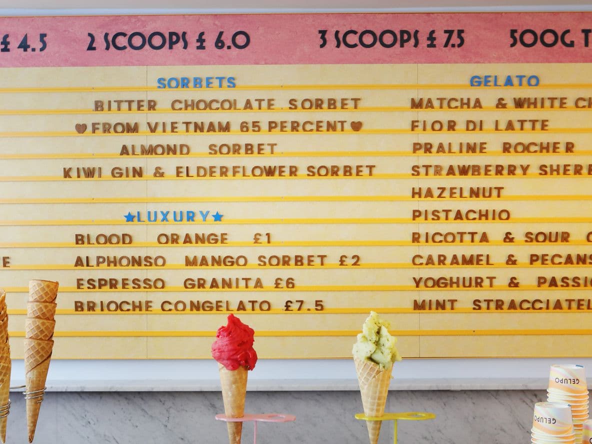 Letterboard menu at ice cream parlour Gelupo in Soho