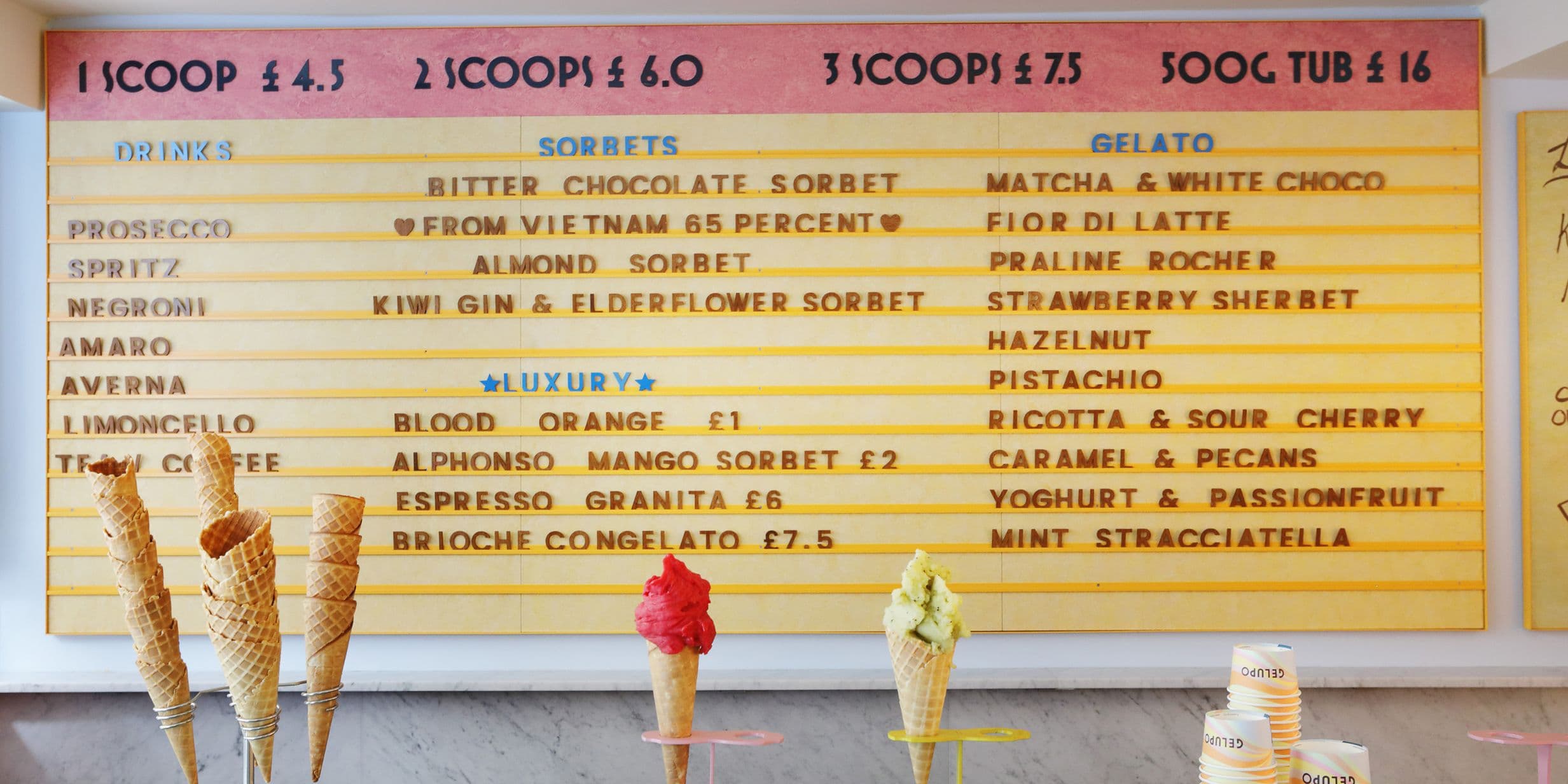 Letterboard menu at ice cream parlour Gelupo in Soho