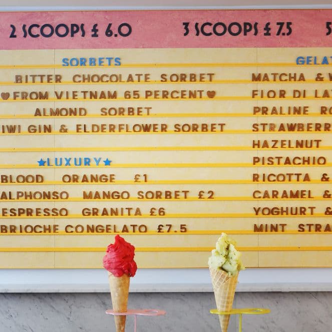 Letterboard menu at ice cream parlour Gelupo in Soho