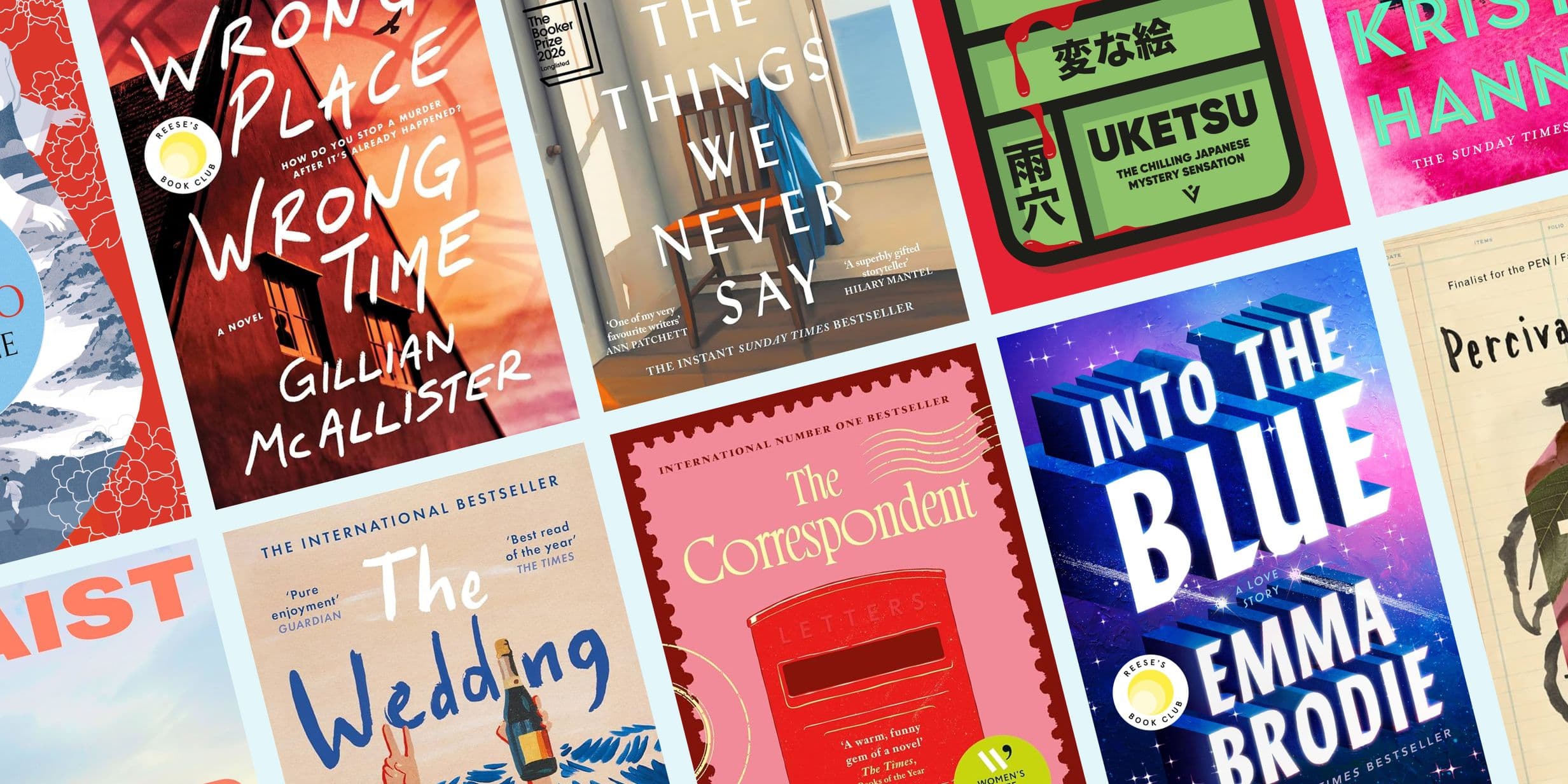 A grid of colorful book covers featuring titles like "Wrong Place Wrong Time," "The Things We Never Say," and "Into the Blue."