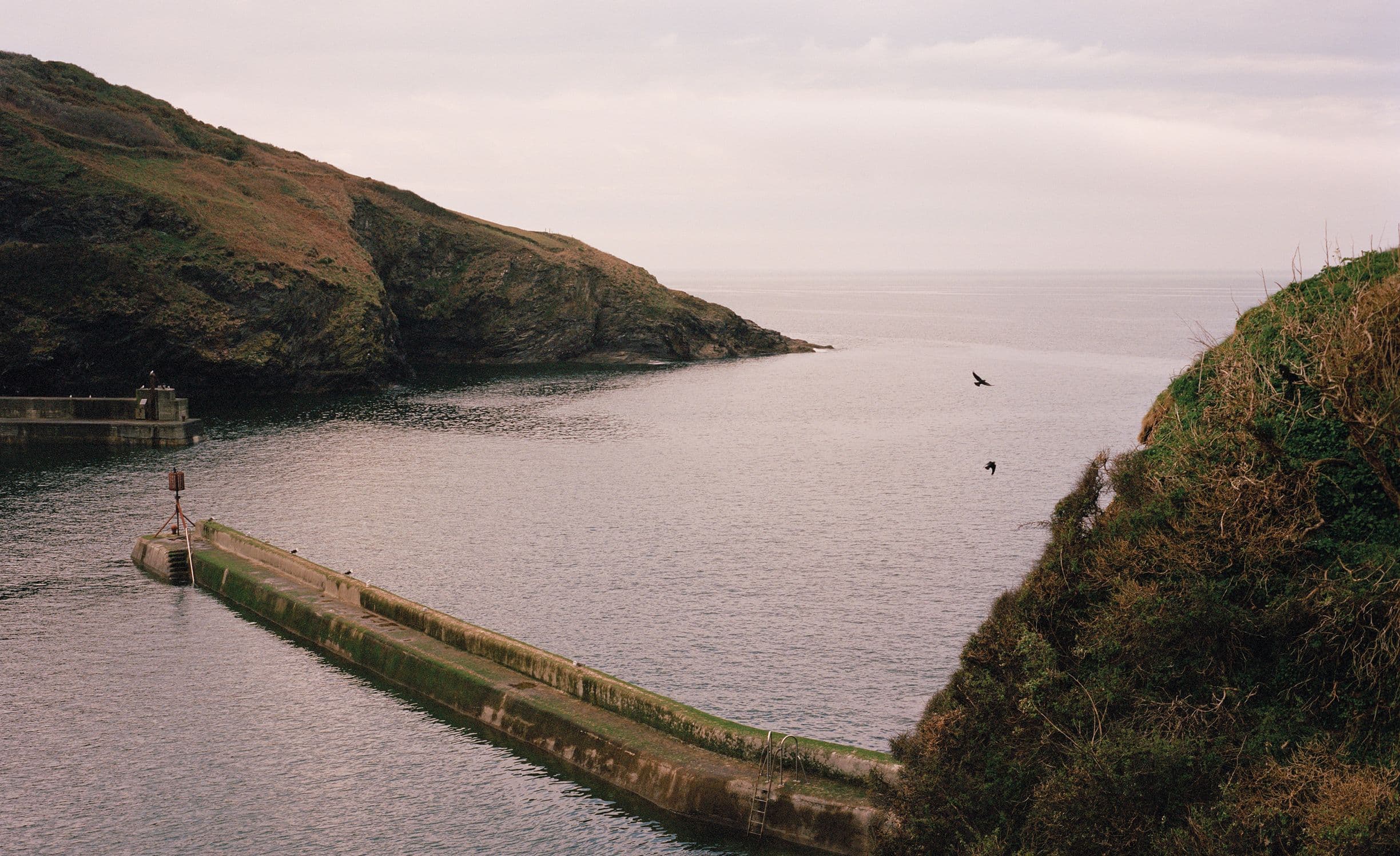 A narrow pier extends into a calm sea between two rocky hills, with two birds flying overhead under a cloudy sky.