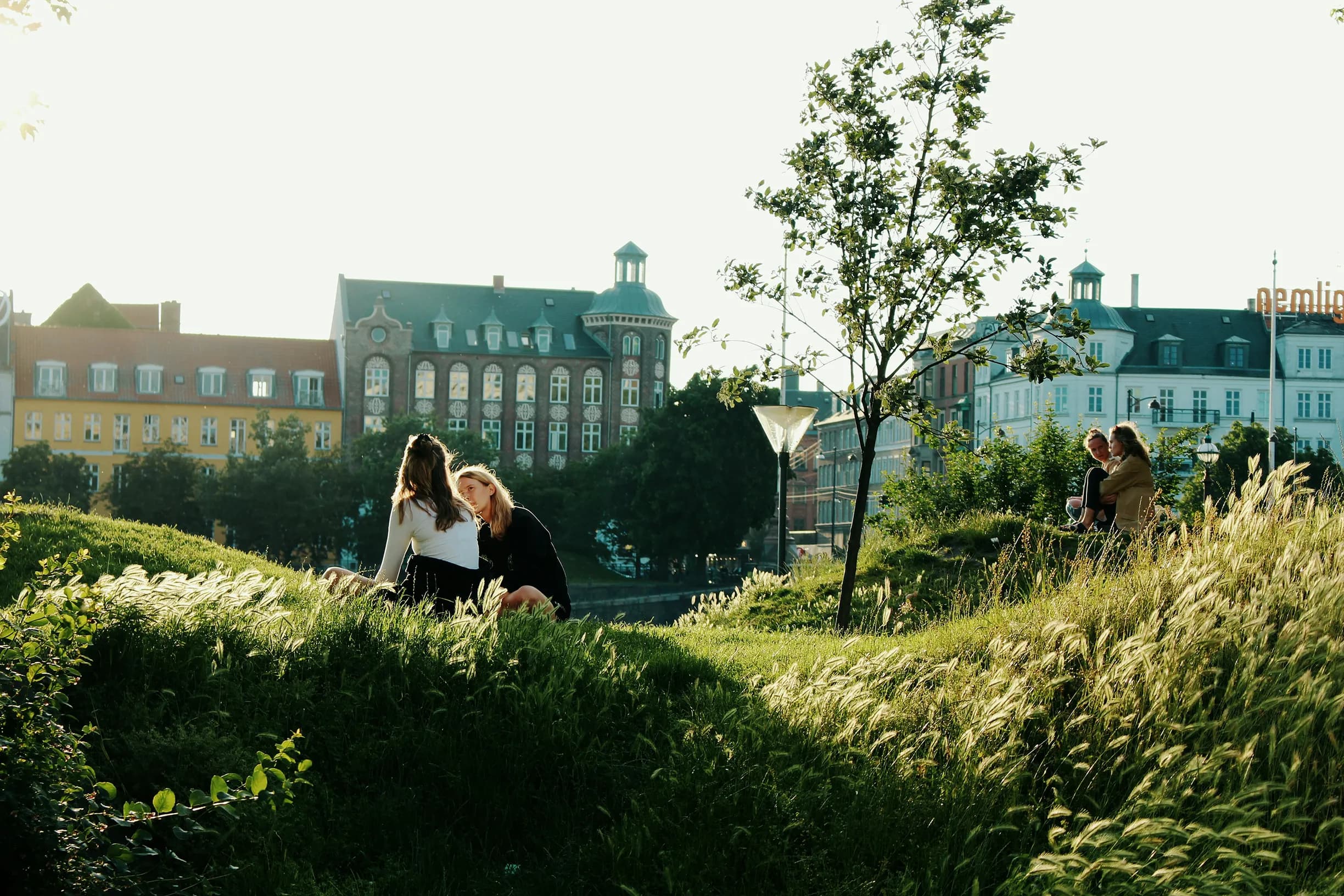 Two people sit on a grassy hill, talking, with historic buildings in the background under a bright sky.