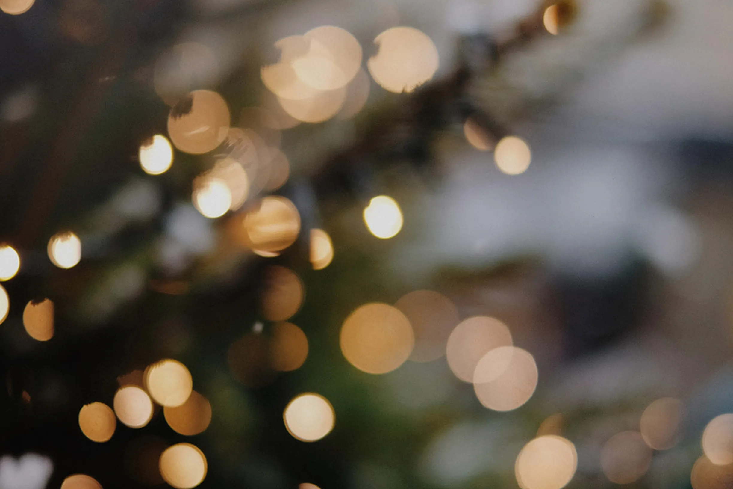 Blurred warm-toned bokeh lights create a festive, cozy atmosphere against a dark, indistinct background.