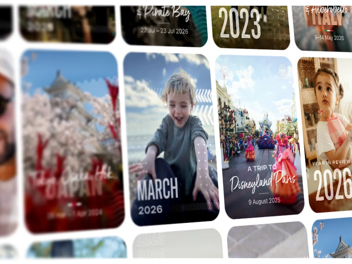Blurred image of a travel collage featuring photos with dates and destinations like Japan, Disneyland Paris, and Italy for 2023 and 2026.