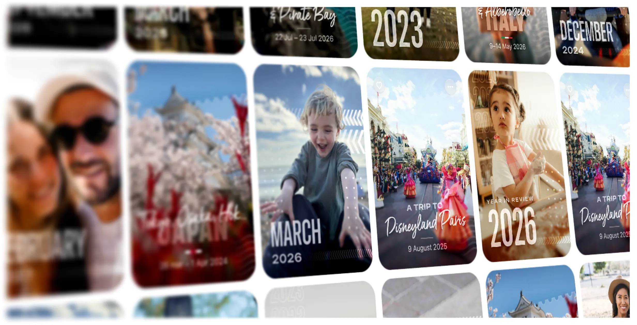 Blurred image of a travel collage featuring photos with dates and destinations like Japan, Disneyland Paris, and Italy for 2023 and 2026.