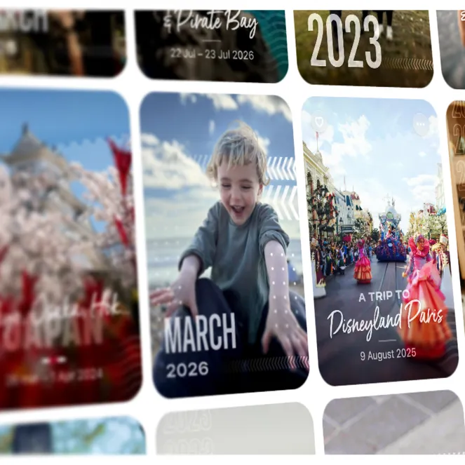Blurred image of a travel collage featuring photos with dates and destinations like Japan, Disneyland Paris, and Italy for 2023 and 2026.
