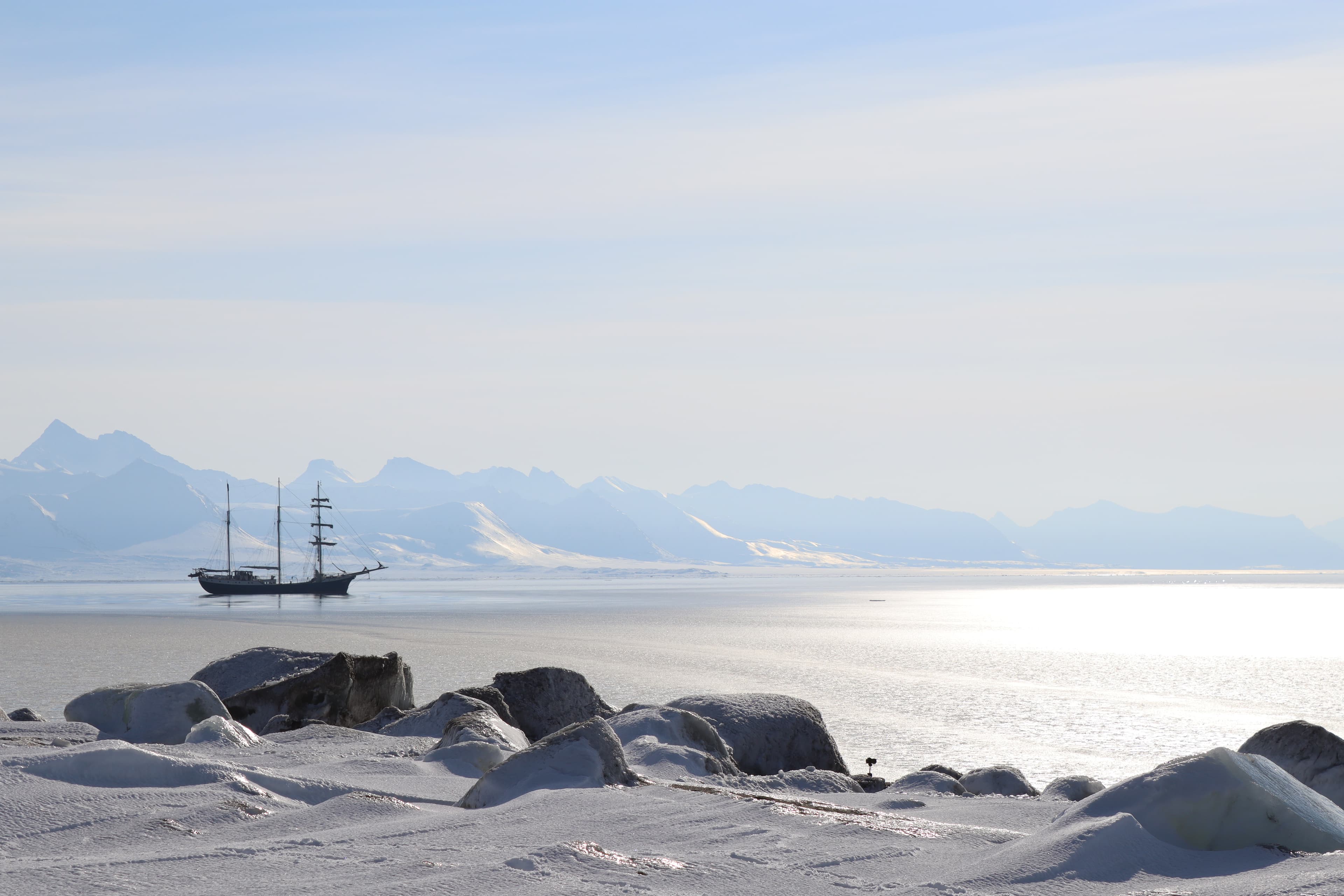The Antigua tall ship in the distance, photographed from Sarstangen, Svalbard