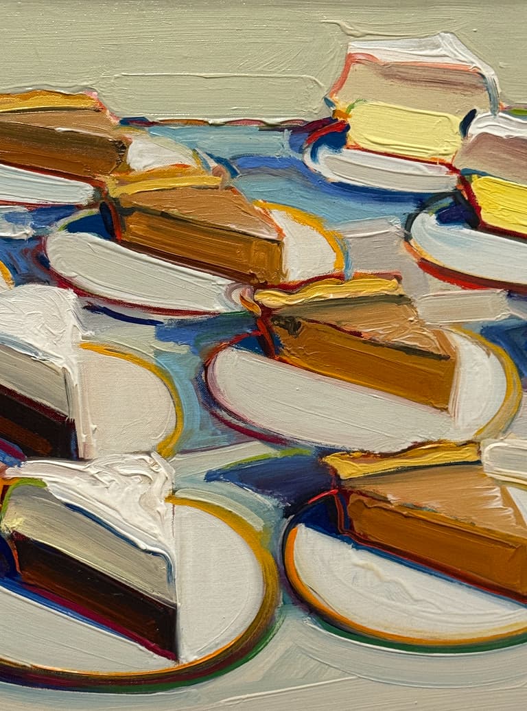 Slices of various pies on plates, painted in an impressionistic style with bold brushstrokes and contrasting colors.