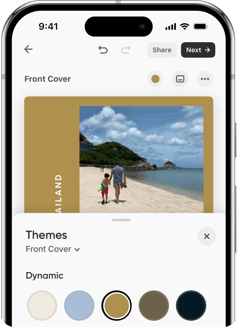 A smartphone screen shows a beach photo of an adult and child, and a color theme selection menu with various color options displayed below.