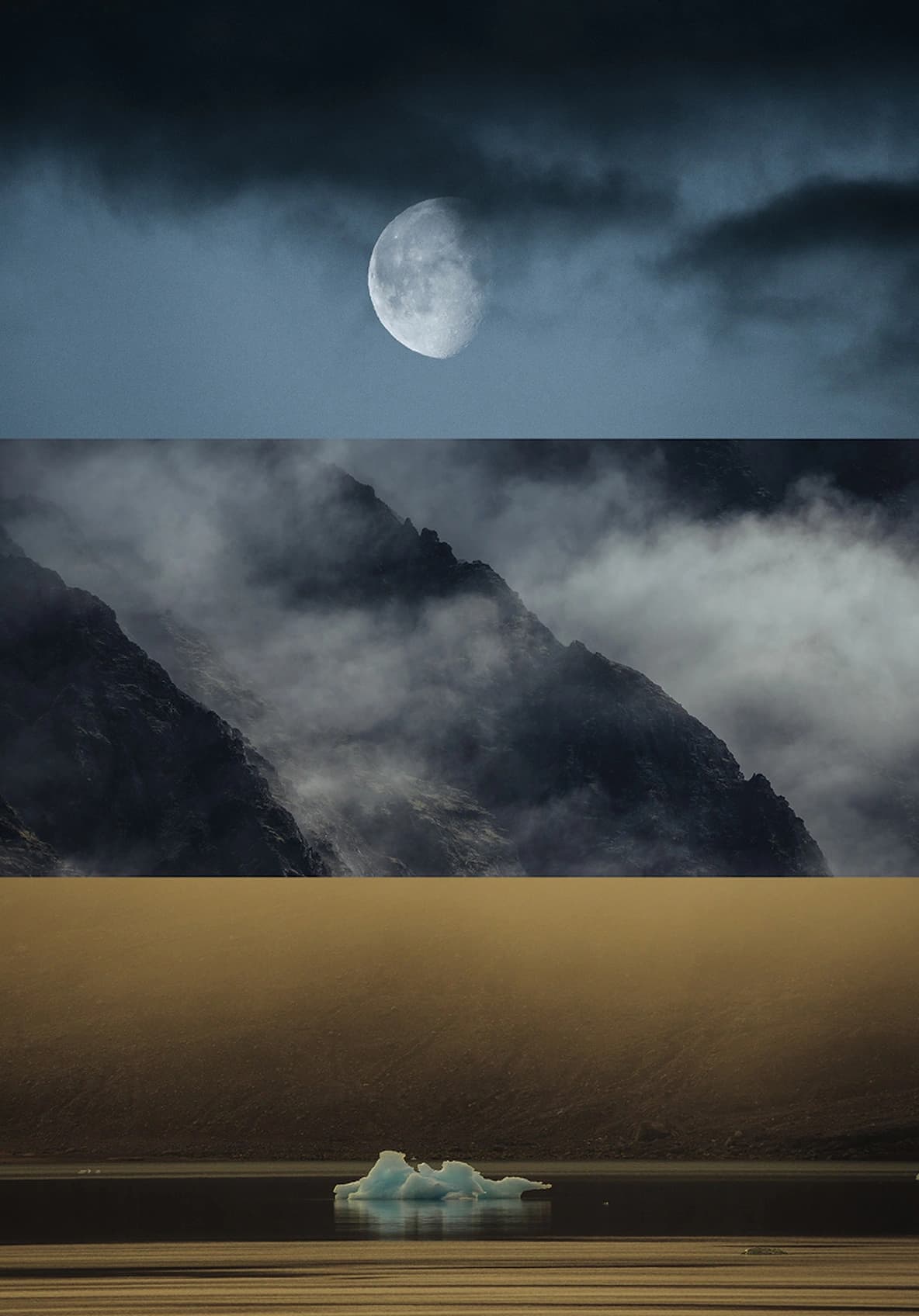 The moon, mountains and ice on a lake