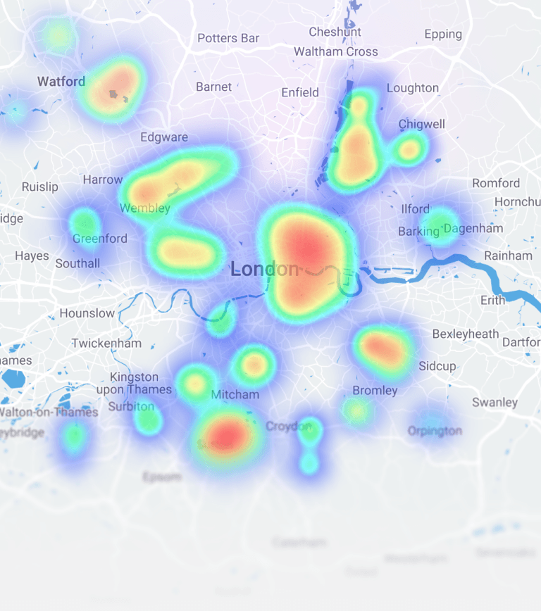 Heat map of London showing varying levels of intensity in different areas, with reds, greens, and blues indicating different activity levels.