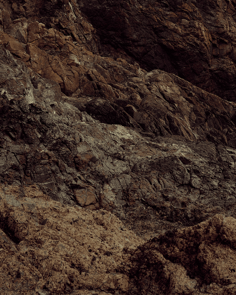 A rugged, rocky cliff face with varying shades of brown and gray, featuring jagged formations and textured surfaces.
