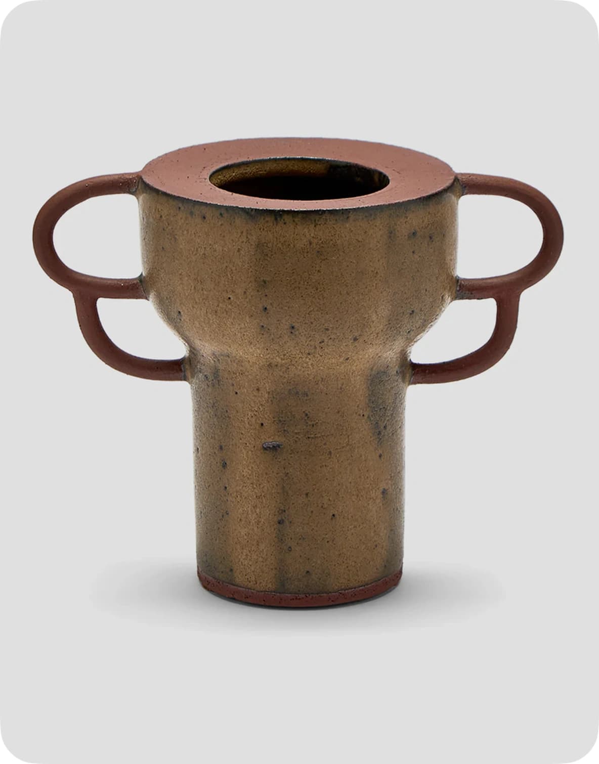 Bronze-colored ceramic vase with two symmetrical loop handles and a wide, circular opening, set against a light gray background.