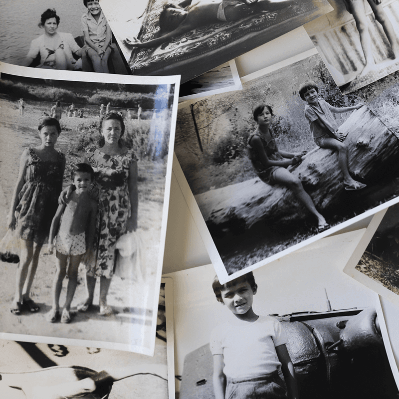 A collection of vintage black and white photos showing people in various outdoor settings, including a family and children posing.