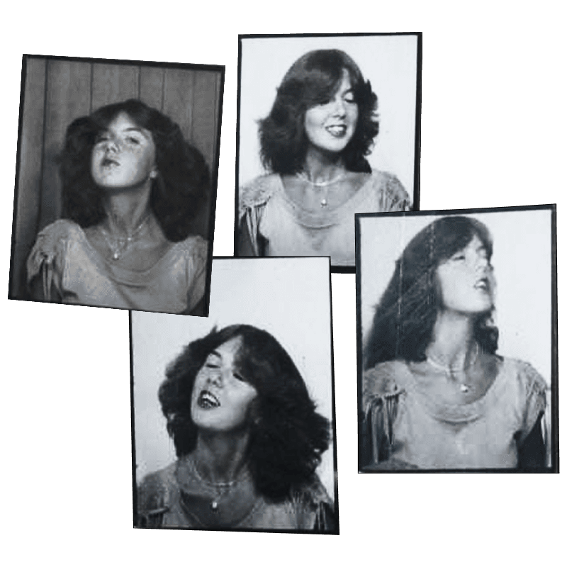 Four black and white photos of a woman with long hair, wearing a light blouse, making playful expressions.