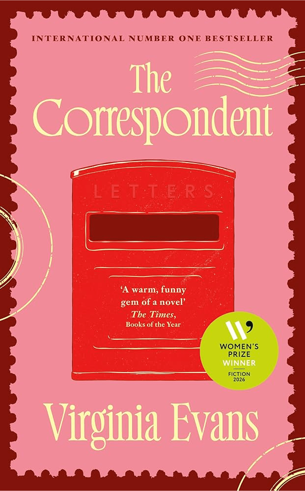 Book cover for "The Correspondent" by Virginia Evans, featuring a red postbox on a pink background with an award sticker and review quote.