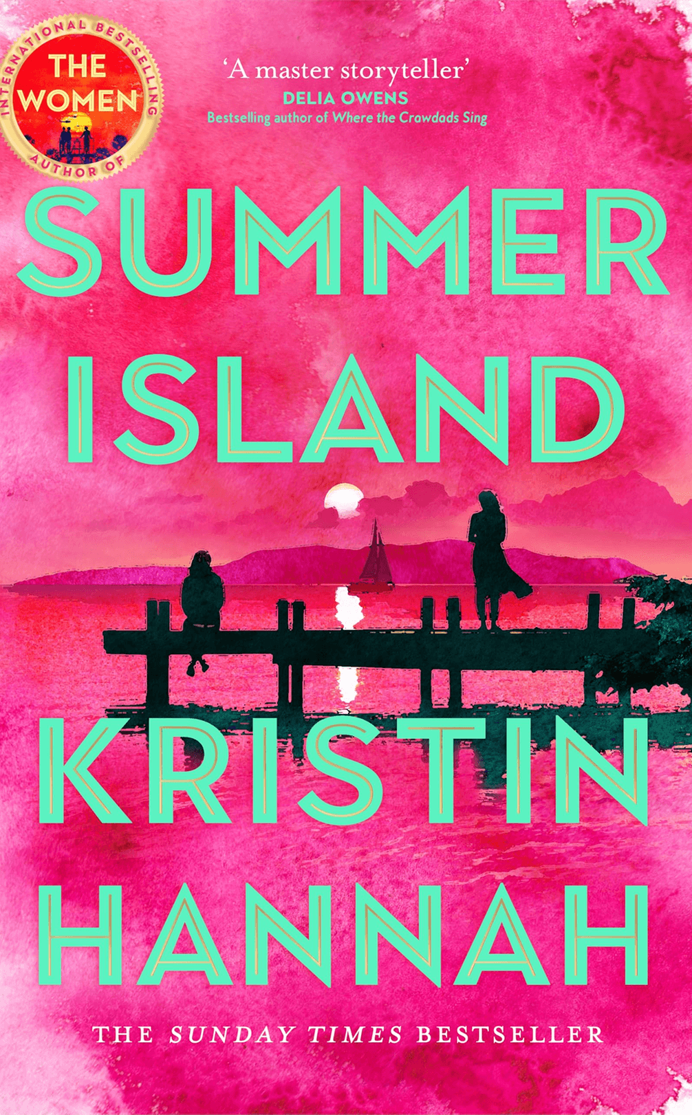 Silhouette of two people on a pier against a pink and purple sunset backdrop with the title "Summer Island" by Kristin Hannah.