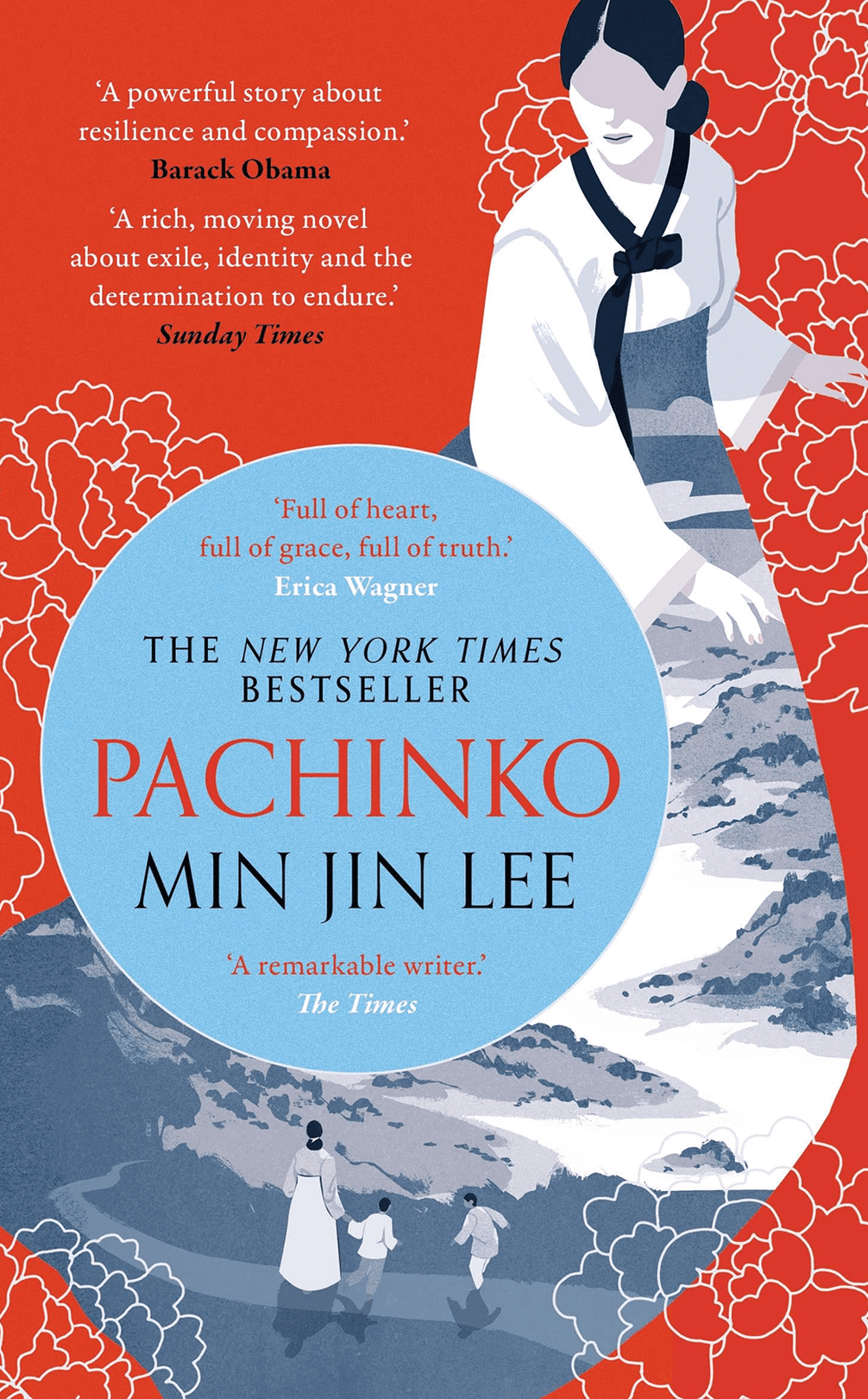 Cover of "Pachinko" by Min Jin Lee featuring blue and red tones, floral pattern, and an illustration of a woman in traditional attire with mountainous background.