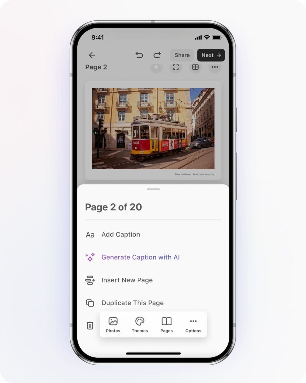 Smartphone screen displaying a photo editing app with an image of a vintage tram on a city street. Options for editing and sharing are visible.