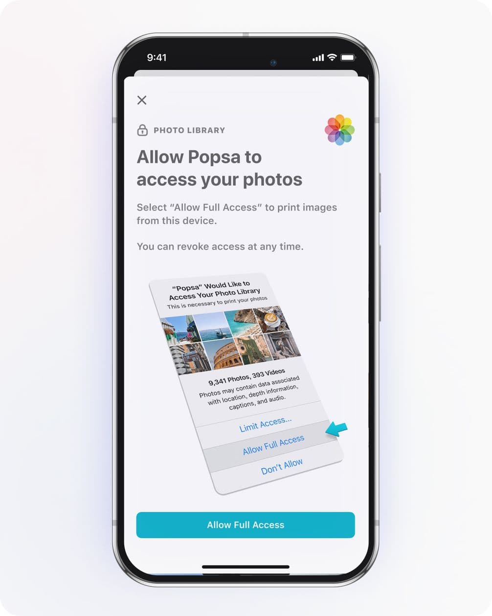 Smartphone screen showing a prompt for Popsa app requesting permission to access photos, with options to allow or deny access.