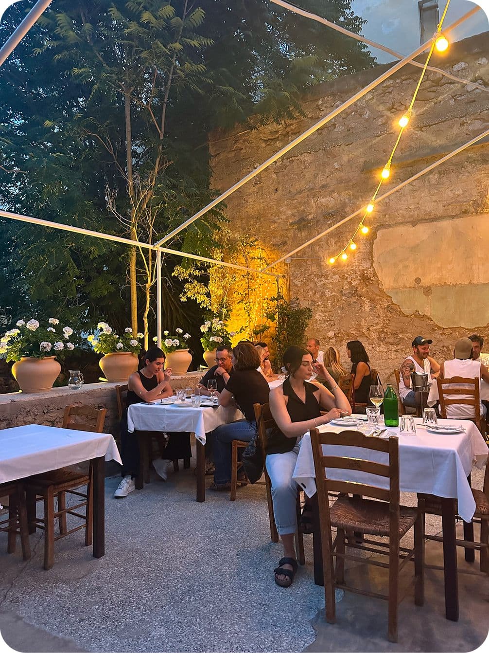 Outdoor restaurant with people dining at tables under string lights, surrounded by potted plants and rustic stone walls in a cozy evening setting.