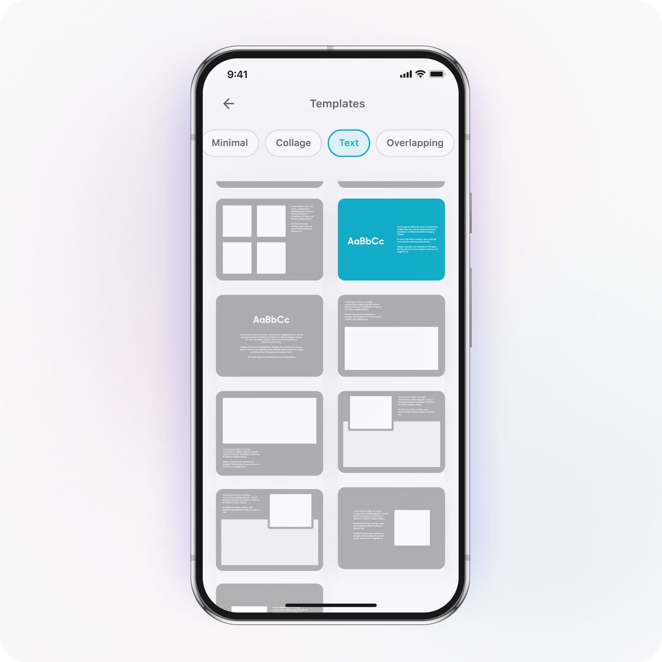 Smartphone displaying a template selection screen with options like "Minimal," "Collage," and "Text" in a grid layout.