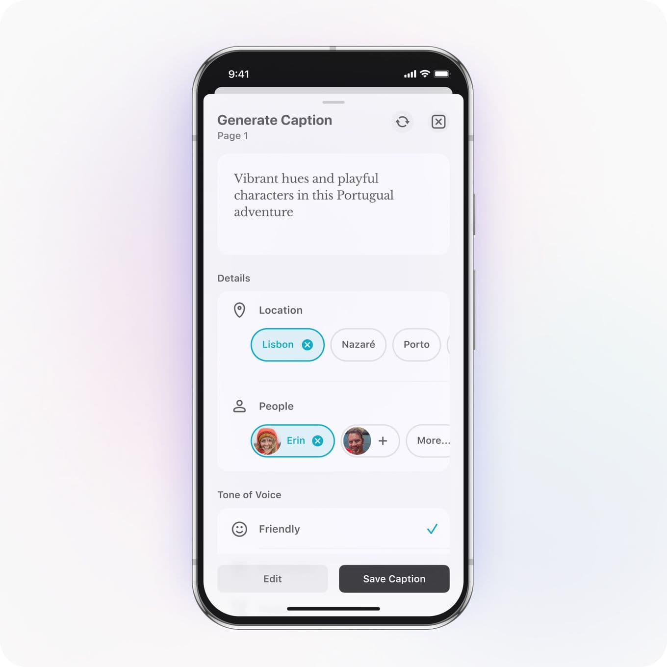 Smartphone screen displaying a caption generation app with options for location, people, and tone of voice.