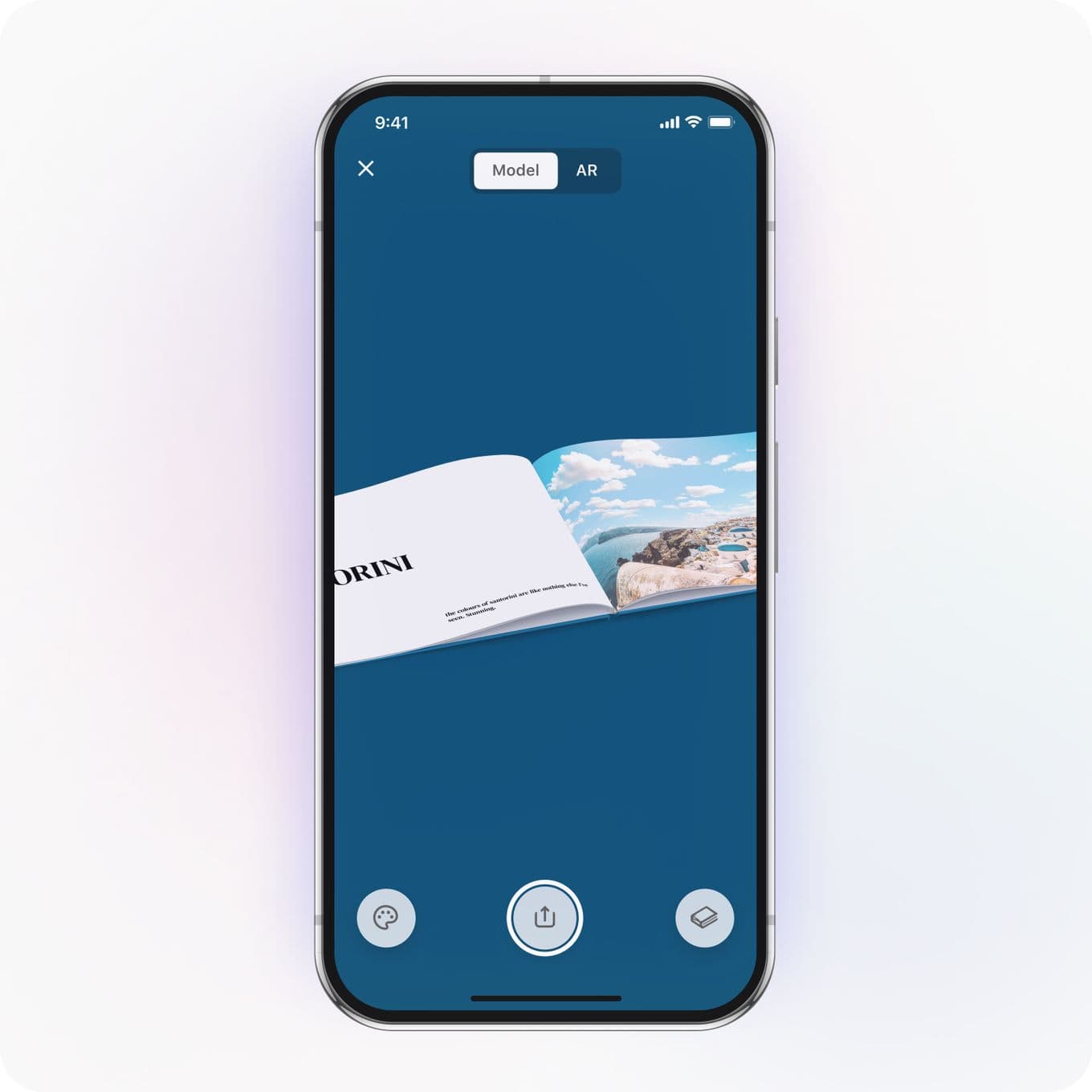 Smartphone displaying an open magazine with a blue background, featuring a scenic coastal image and the word "SORINI" on the left page.