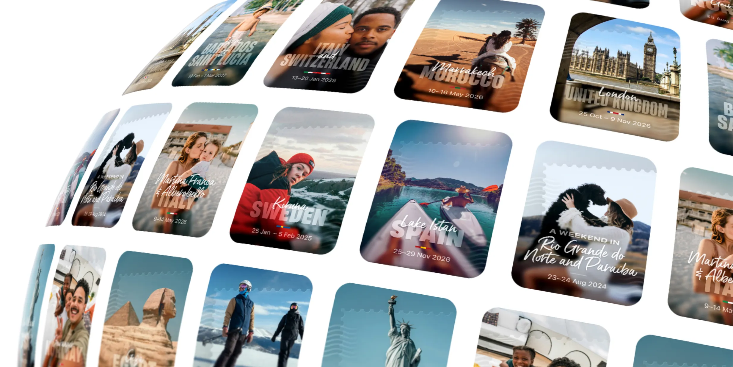 Collage of travel photos in postcard style, featuring various global landmarks and destinations like the Eiffel Tower and the Statue of Liberty.
