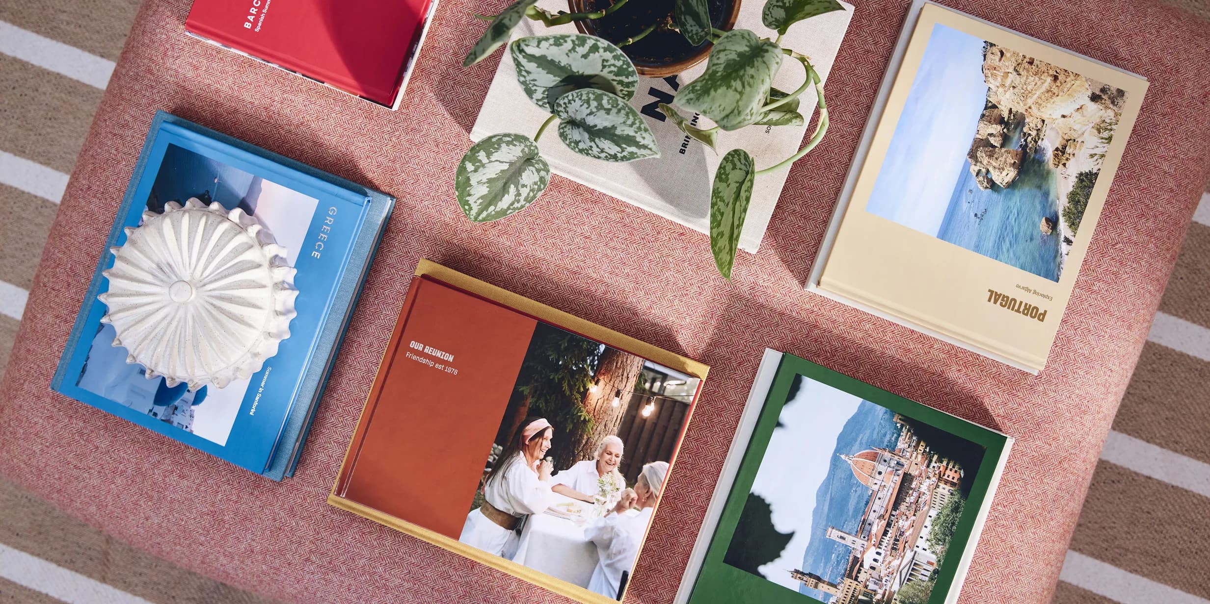 A collection of colorful books on travel and friendship, a potted plant, and a decorative ceramic piece arranged on a textured surface.