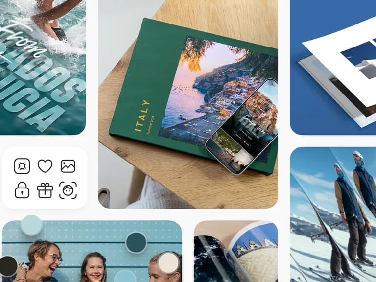 A vibrant collage of photo products and features: travel albums, digital organization with AI tags, editing tools, and creative visual effects.