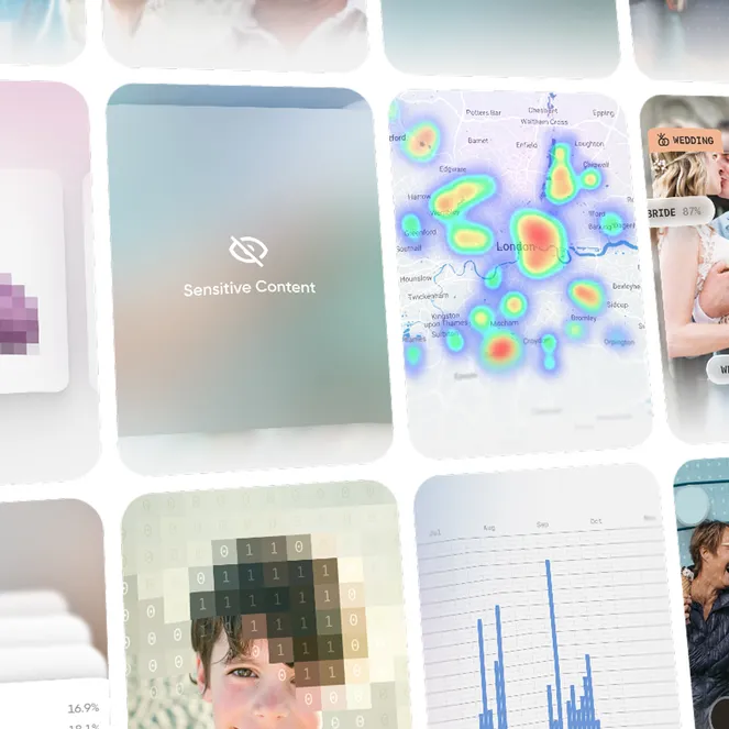 Collage of various images including blurred content, heat maps, graphs, and people interacting, overlaid with a message stating "Sensitive Content."