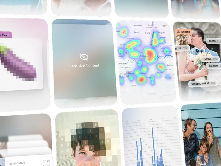 Collage of various images including blurred content, heat maps, graphs, and people interacting, overlaid with a message stating "Sensitive Content."