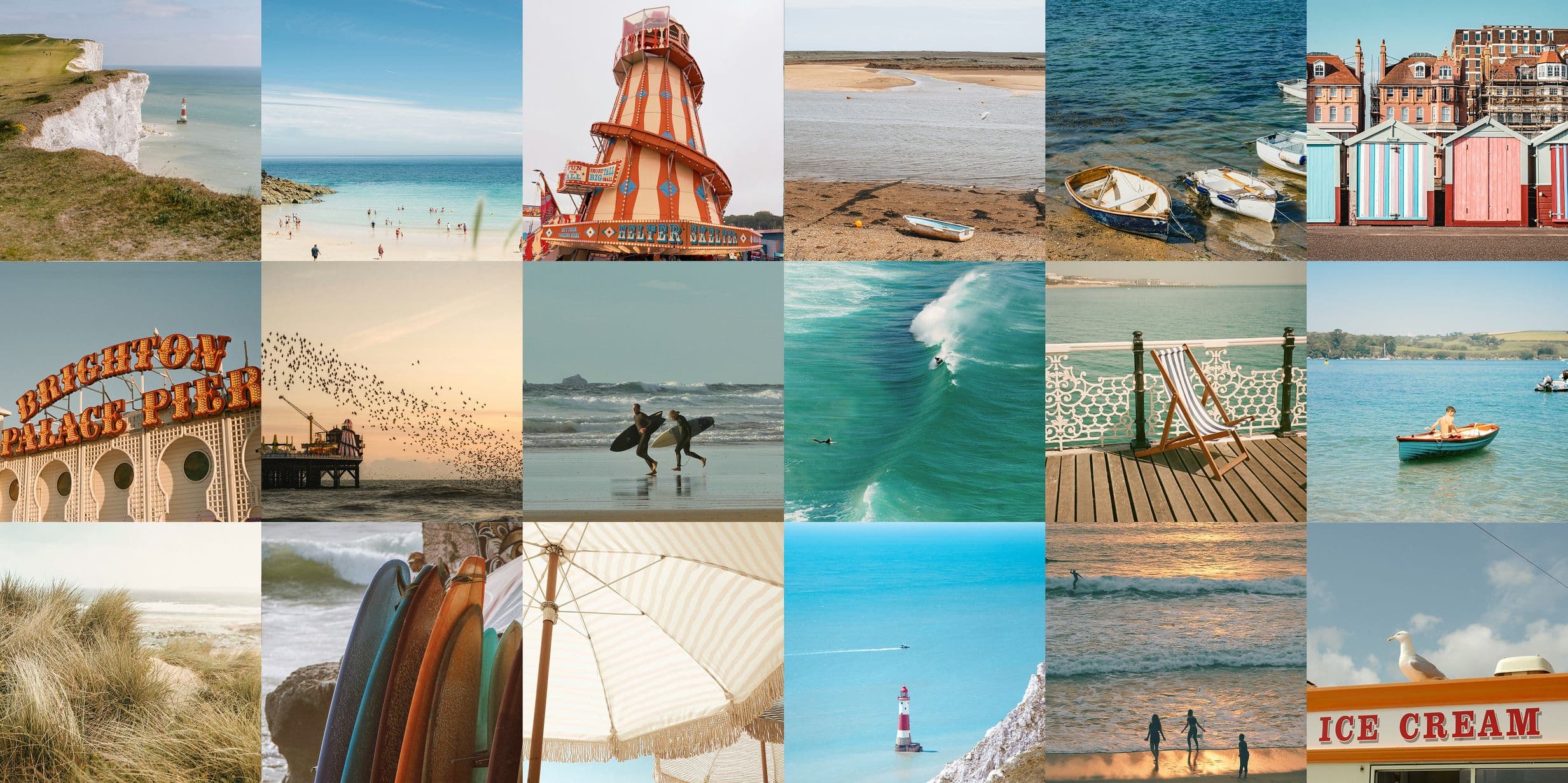 Collage of seaside scenes: beaches, waves, pier, boats, beach huts, surfers, lighthouse, and an ice cream sign, evoking a coastal vibe.