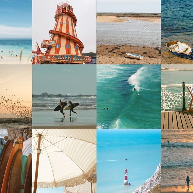 Collage of seaside scenes: beaches, waves, pier, boats, beach huts, surfers, lighthouse, and an ice cream sign, evoking a coastal vibe.