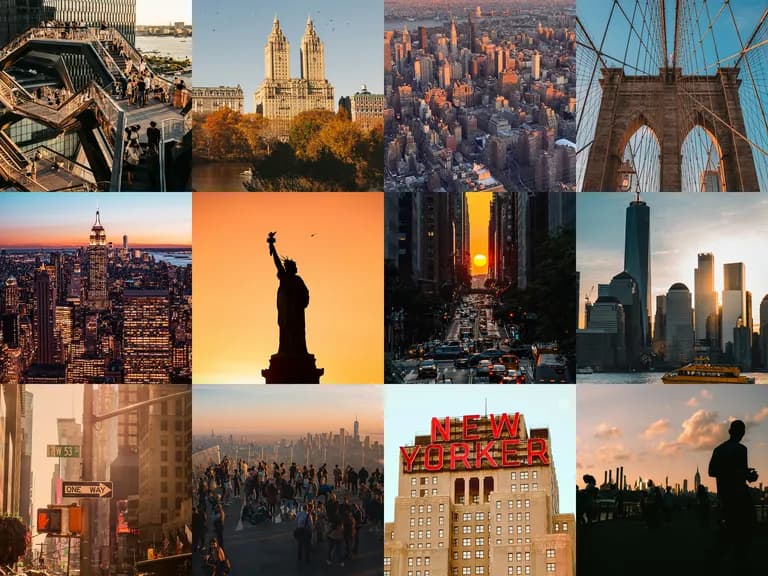 A collage of iconic New York City scenes, including skyscrapers, the Statue of Liberty, the Brooklyn Bridge, and bustling city streets.
