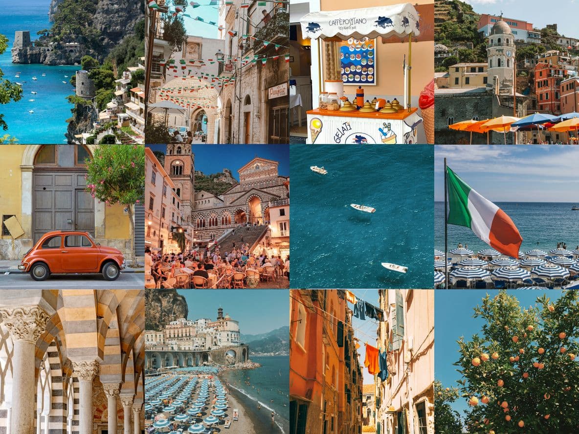 Collage of Italian scenes: coastal villages, colorful houses, historic architecture, vibrant streets, Italian flag, boats on blue water, orange car.