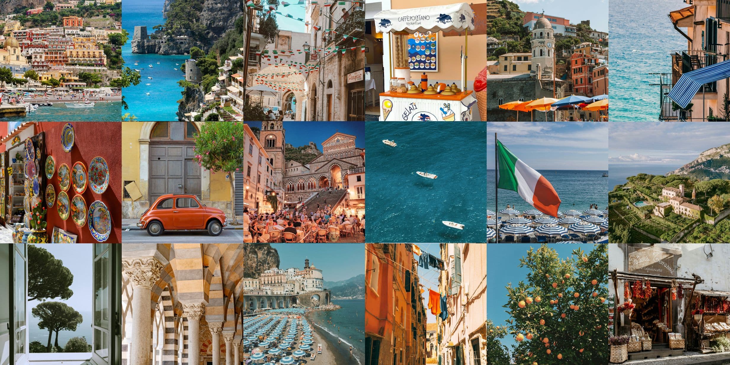 Collage of Italian scenes: coastal villages, colorful houses, historic architecture, vibrant streets, Italian flag, boats on blue water, orange car.