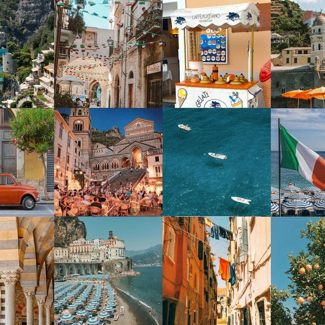 Collage of Italian scenes: coastal villages, colorful houses, historic architecture, vibrant streets, Italian flag, boats on blue water, orange car.